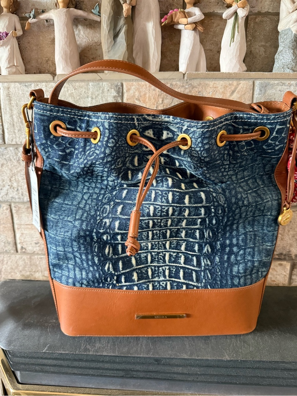 Brahmin Denim Marlowe Croc-Embossed Bucket Bag with Tan Trim